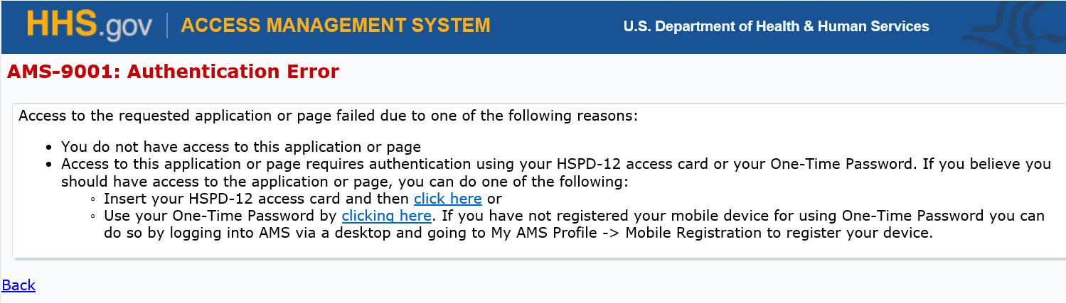 AMS-9001 Authentication Error page