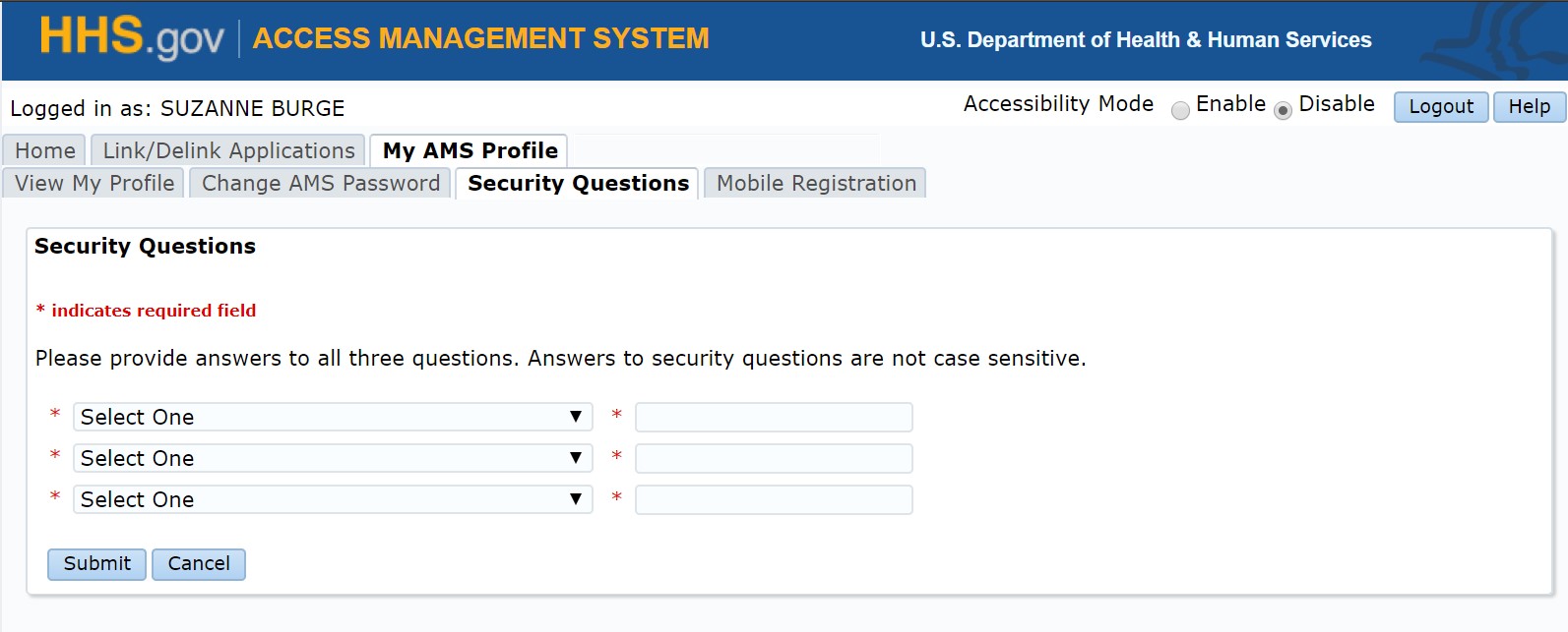 Security Questions tab displaying questions and answers
