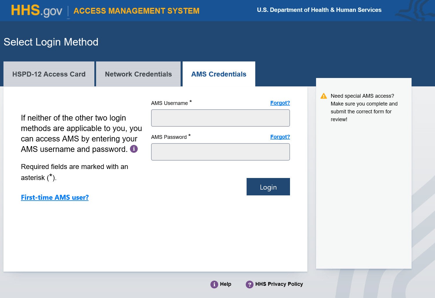 AMS Login page with AMS Credentials tab displayed