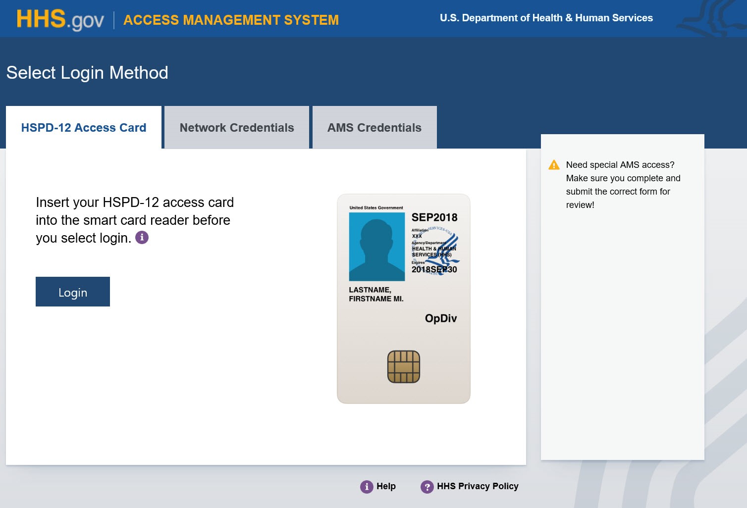 AMS Login page with HSPD-12 Access Card tab displayed by default