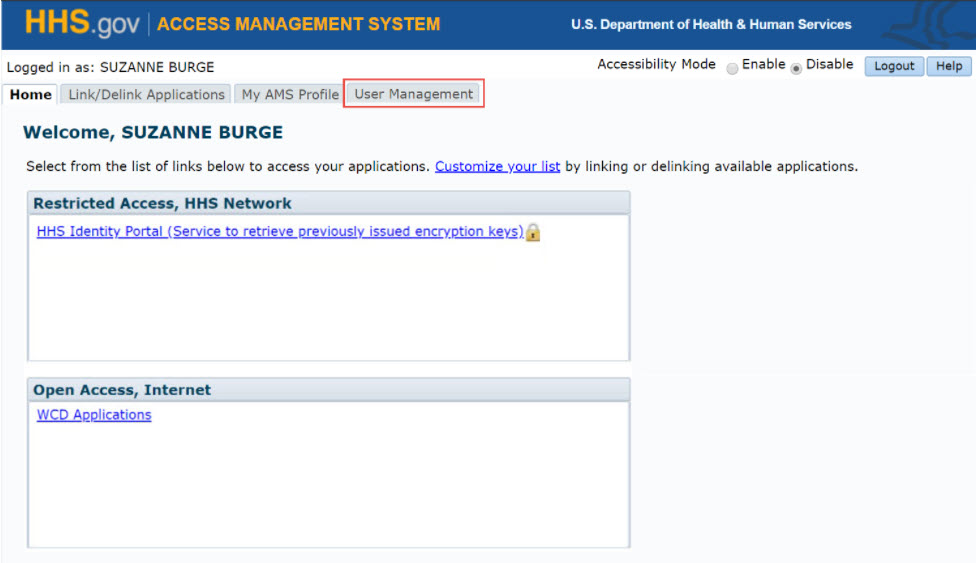 AMS homepage - User Management