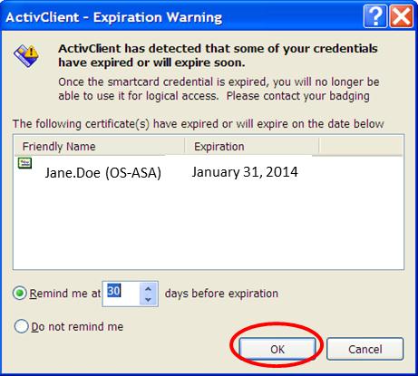ActivClient Windows XP Certificate Expiration Warning