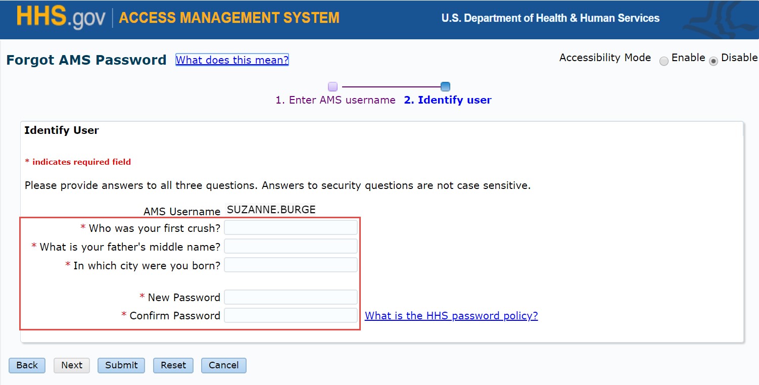 Identify User screen with user's security questions and new password form fields highlighted
