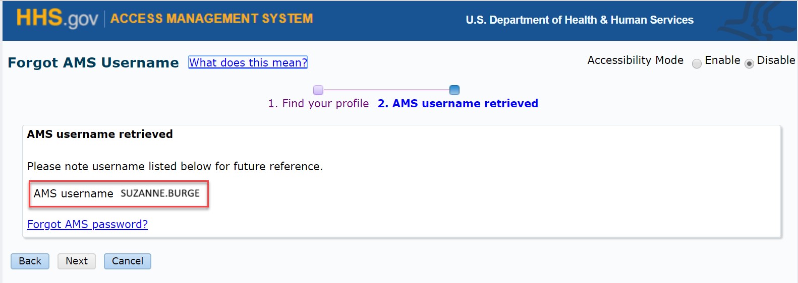 AMS username retrieved screen with AMS username highlighted