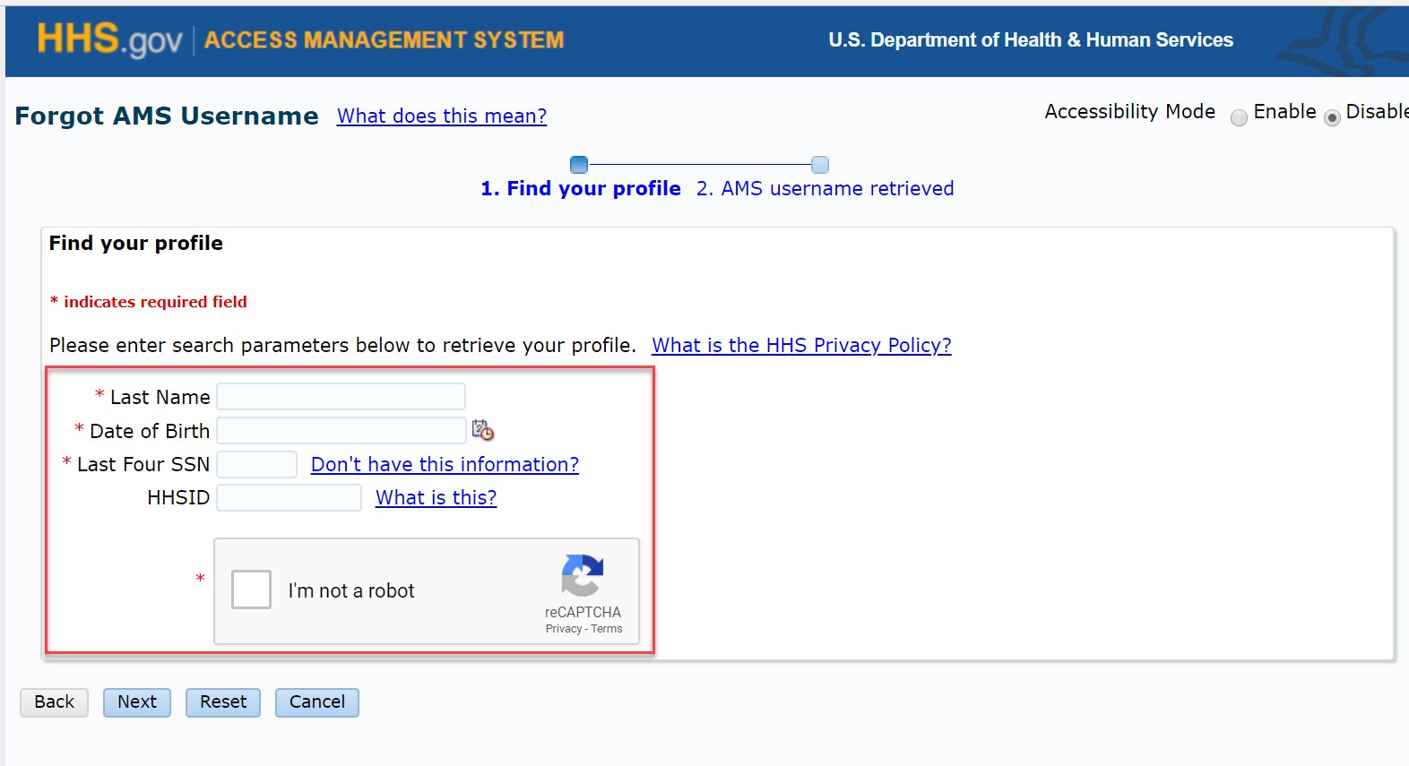 "Forgot AMS Username" page with the last name, date of birth, last four SSN, and Captcha forms fields highlighted