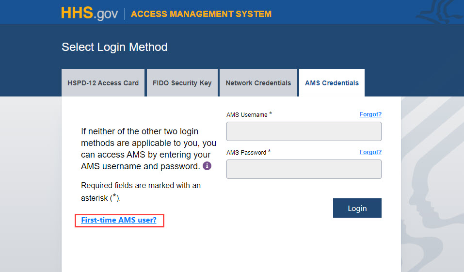 AMS login page with "First-time AMS User?" link highlighted