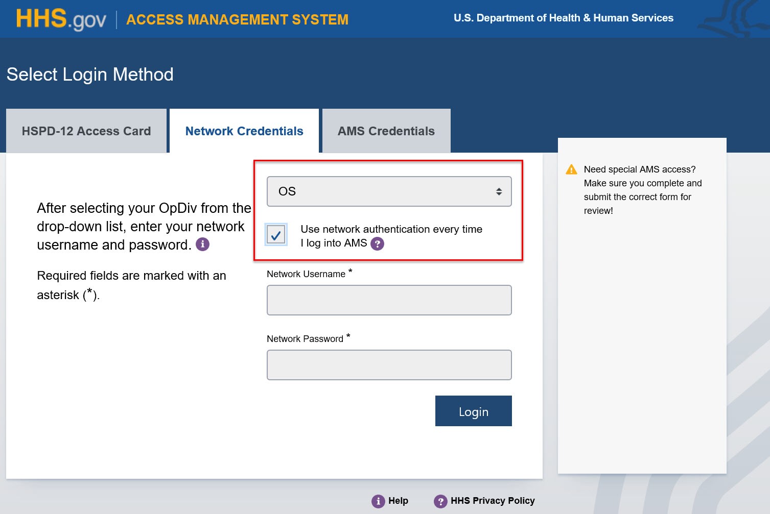 Use network authentication every time I log into AMS?