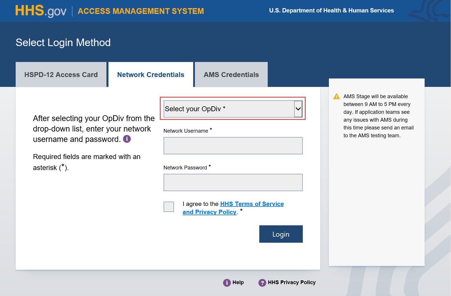 Network Credentials - Select OpDiv