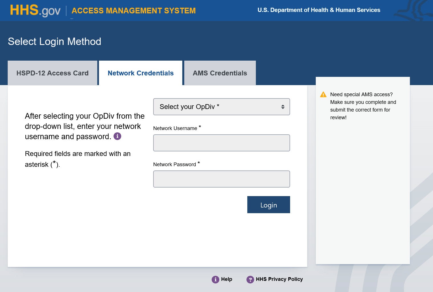 AMS Login page with Network Credentials tab displayed
