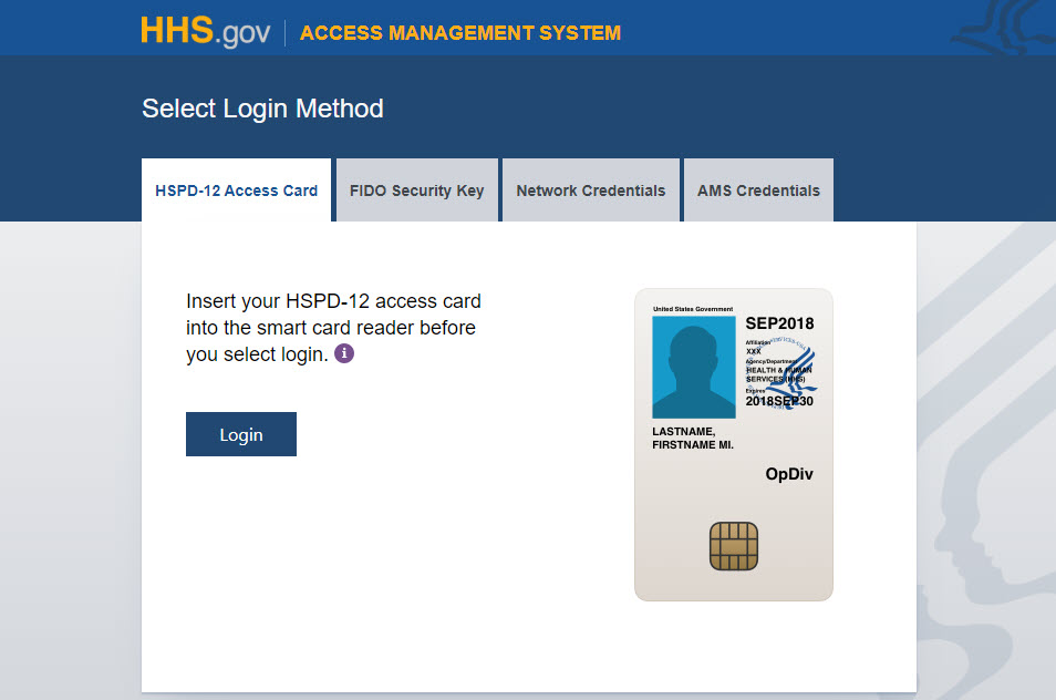 AMS Login page with three authentication options: HSPD-12 access card, Network credentials and AMS credentials.