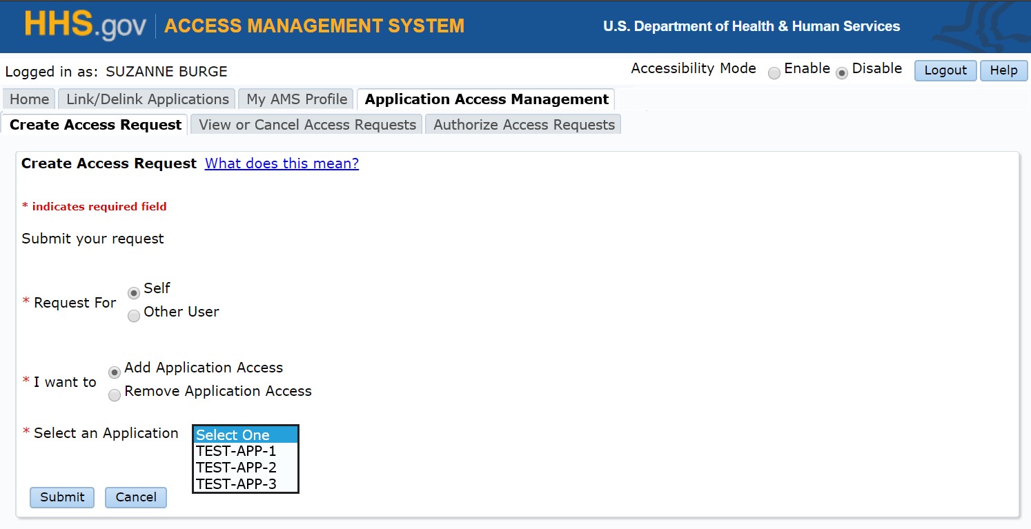 Application access management page with create access request tab selected and select an application dropdown highlighted.