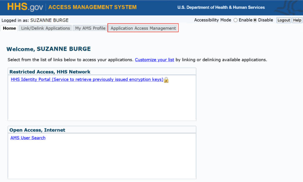 AMS homepage with highlighted application access management tab