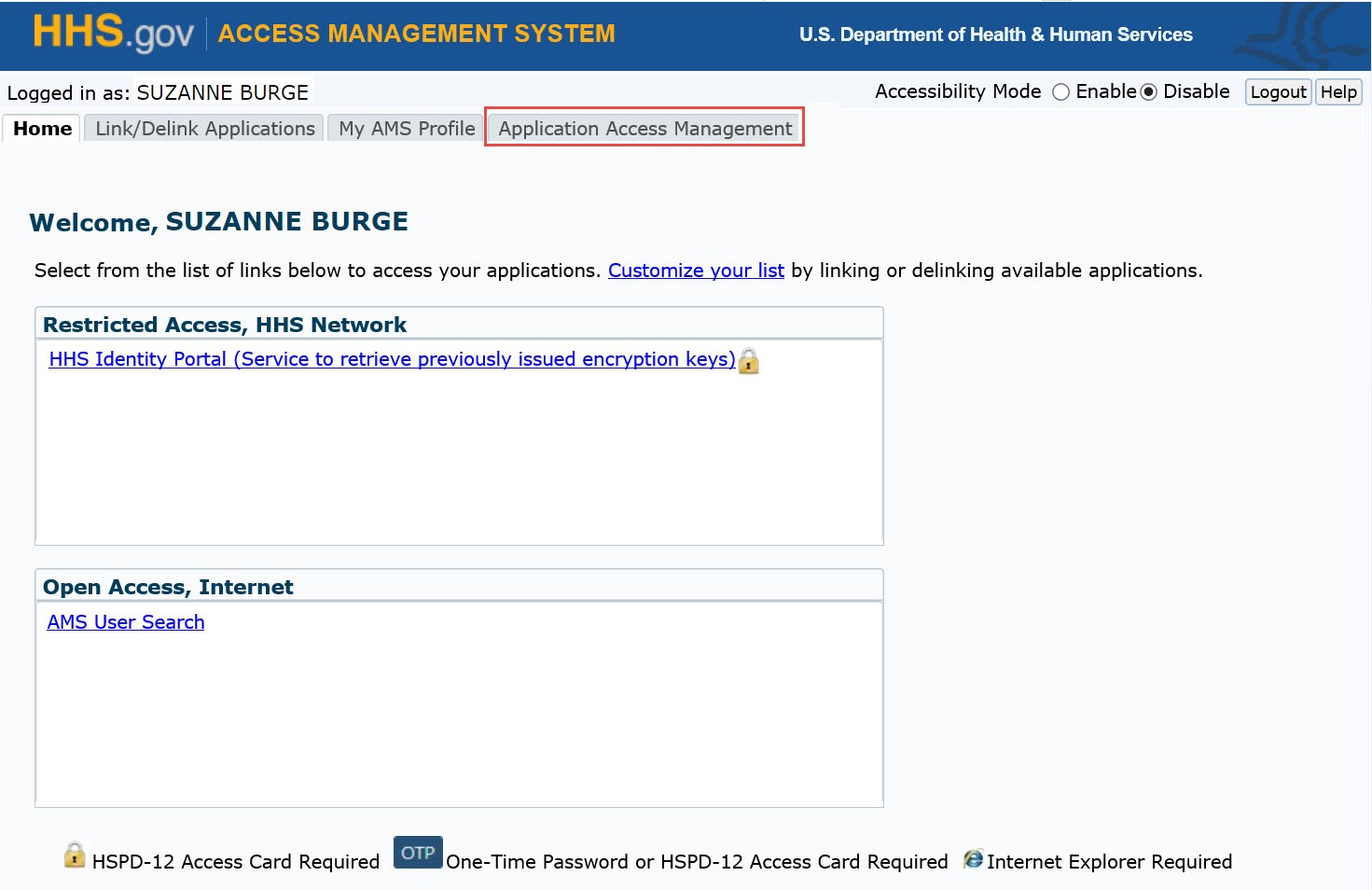 AMS homepage with highlighted application access management tab