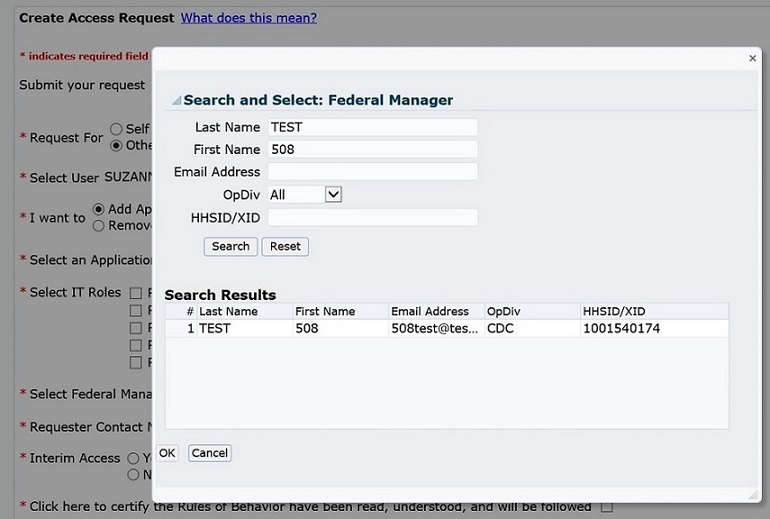 Application access management page with create access request tab selected and search and select federal manager pop-up highlighted.