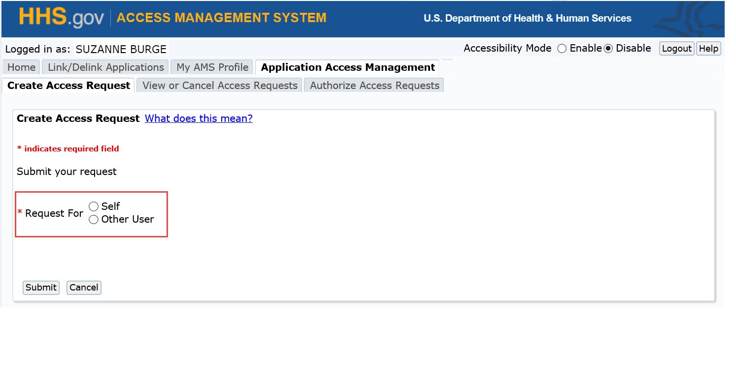 Application access management page with create access request tab selected, and request for self or other user radio buttons highlighted.