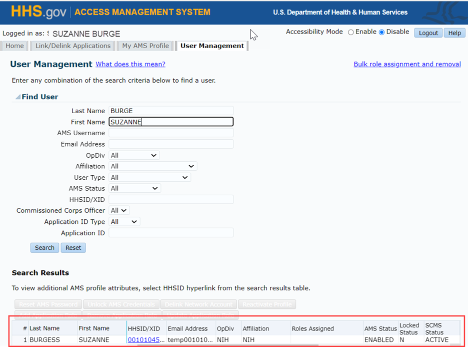 User Management - Find User Search Results