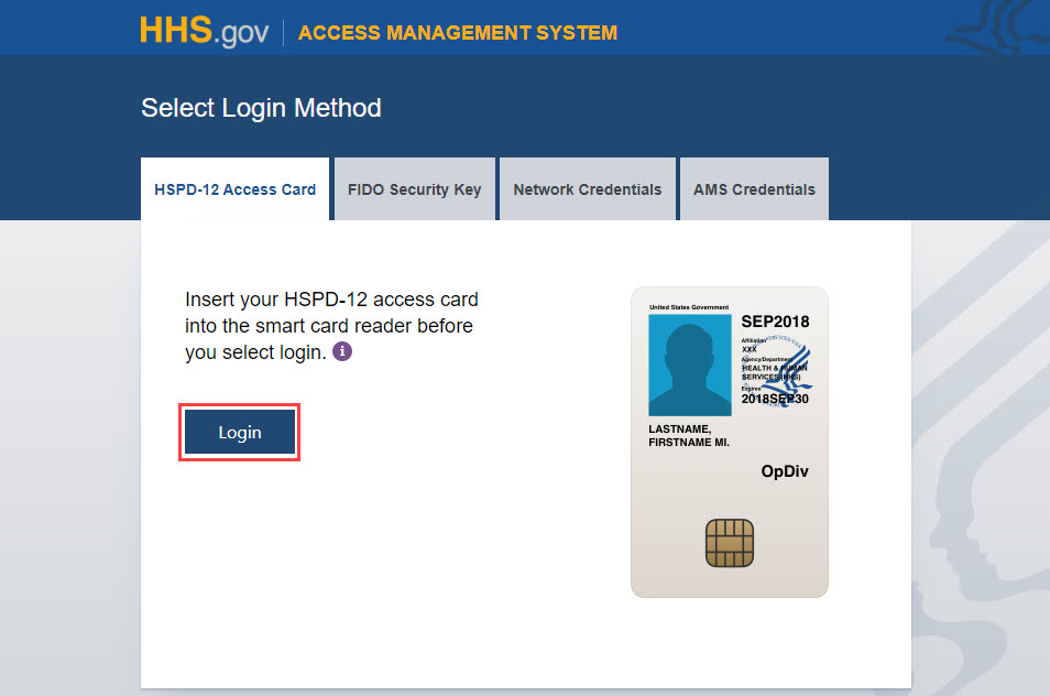 AMS login page with the "Login" button of the HSPD-12 Access Cards section highlighted.