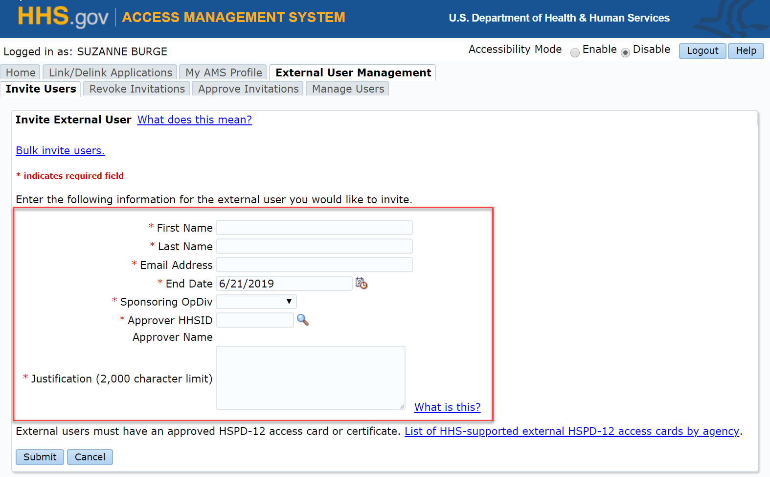 Invite single external user screen with required form fields highlighted