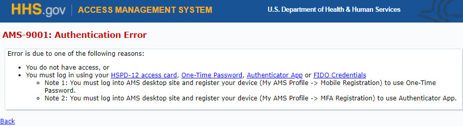 AMS-9001 Authentication Error