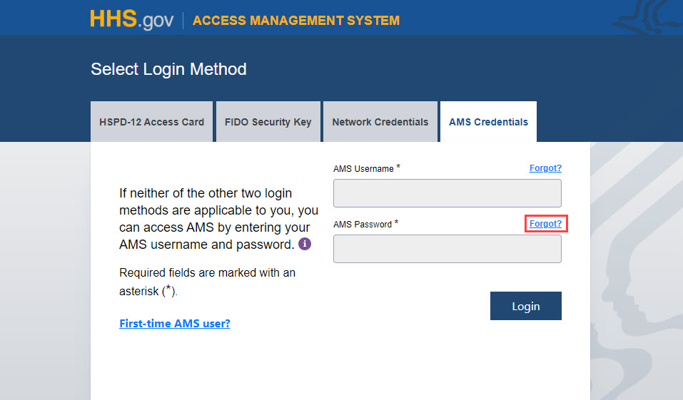 AMS login page with "Forgot AMS Password?" link highlighted