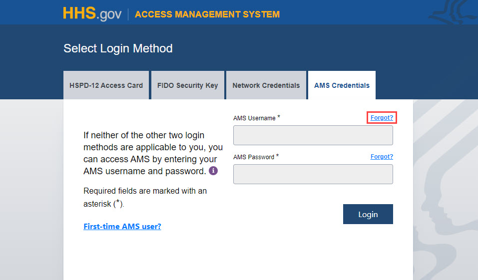 AMS login page with "Forgot AMS Username?" link highlighted
