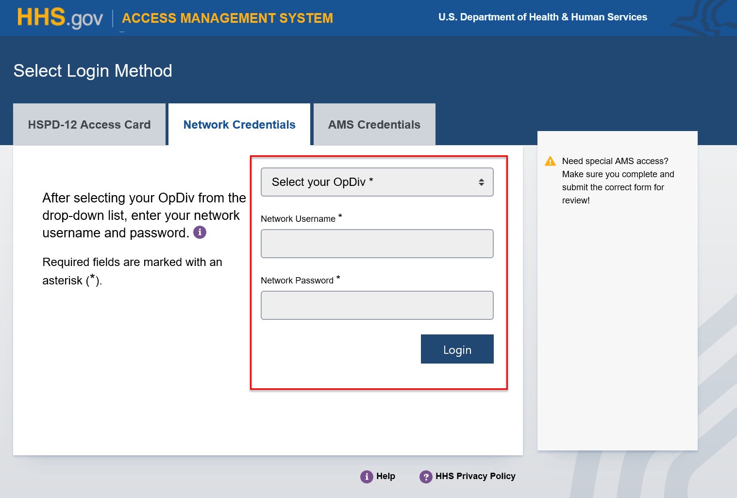 AMS Login - Network Credentials