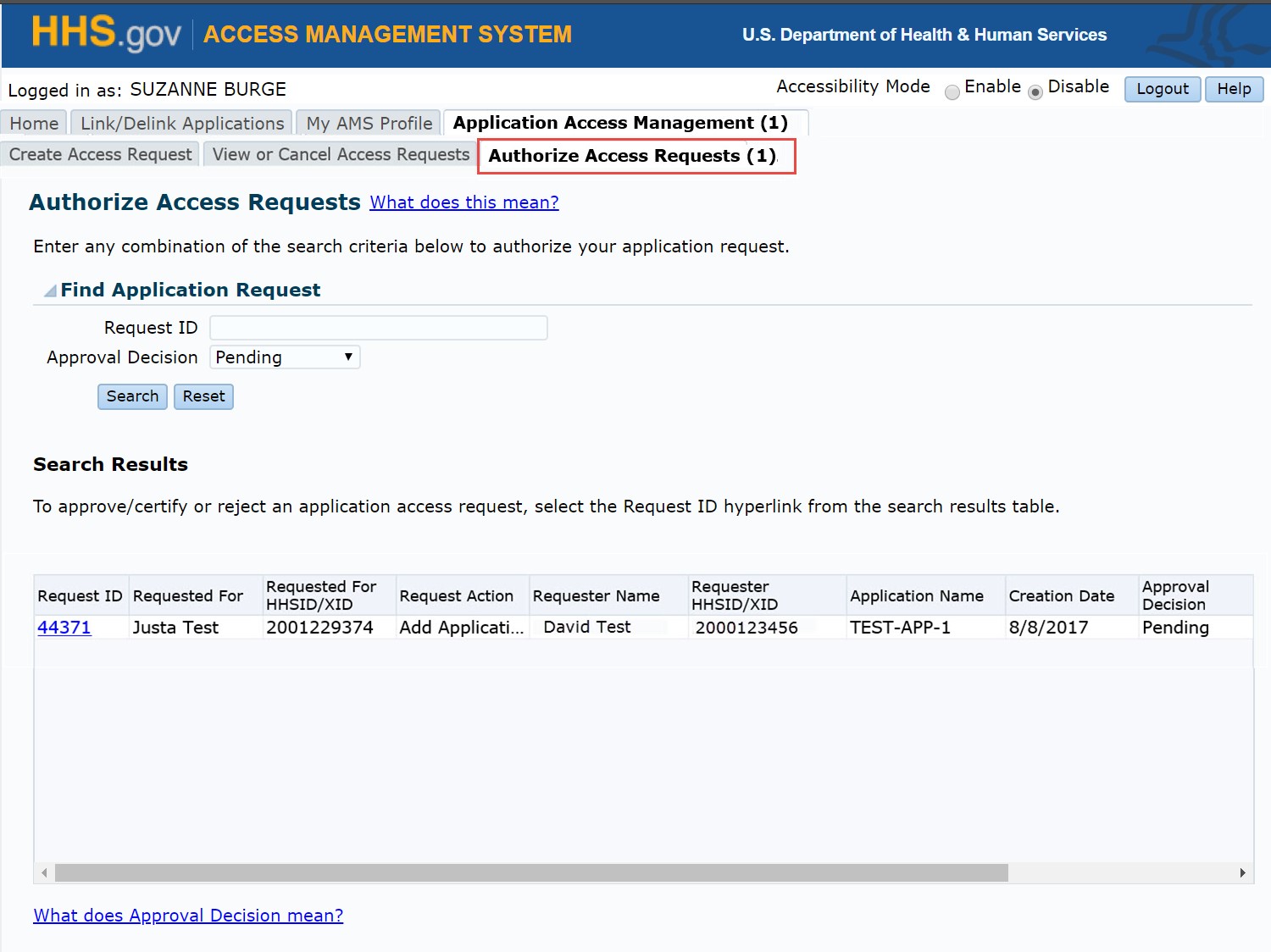 Application access management page with highlighted authorize access requests tab