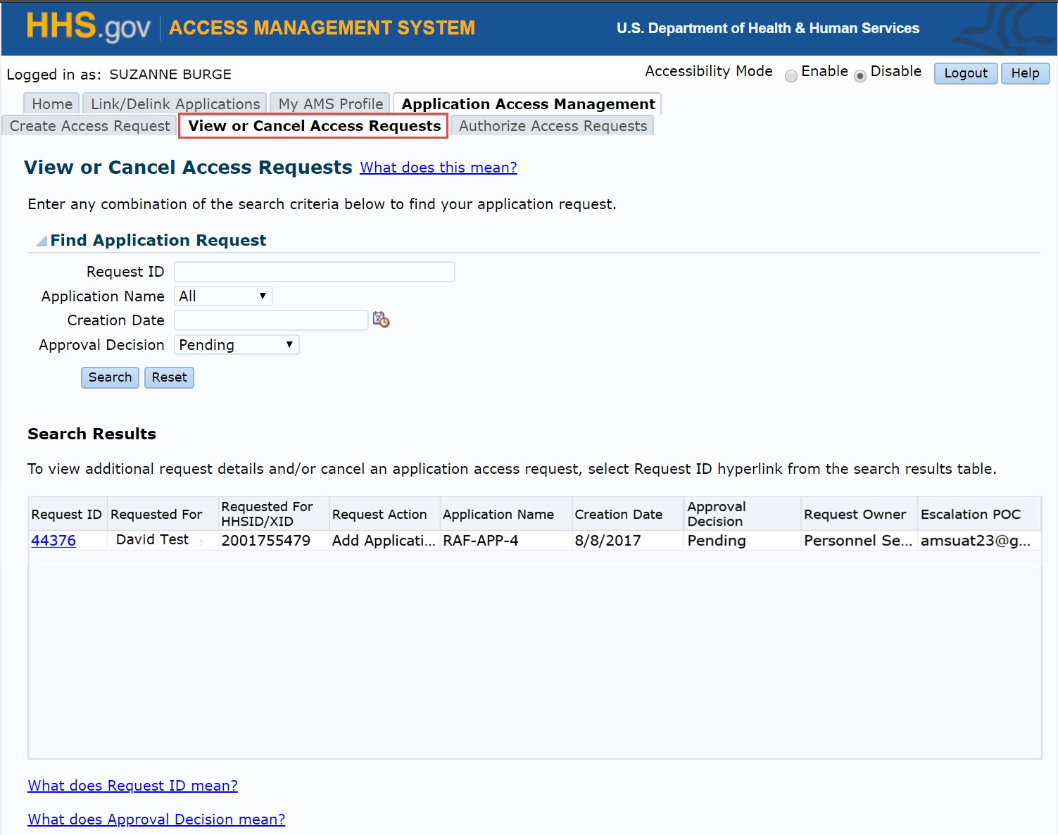 Application access management page with view or cancel access requests tab highlighted