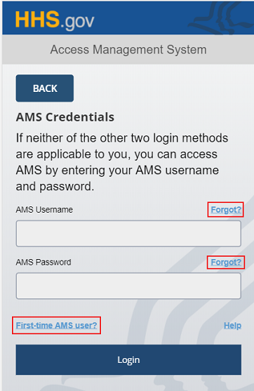 AMS Credentials login tab displayed