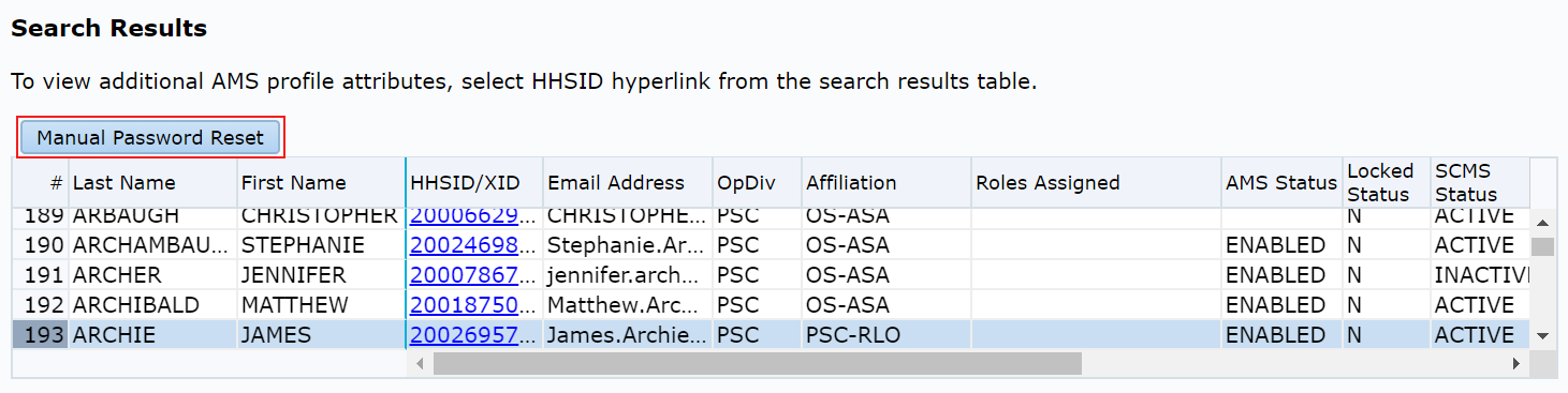 AMS User Management Manual Password Reset Page with Search Results