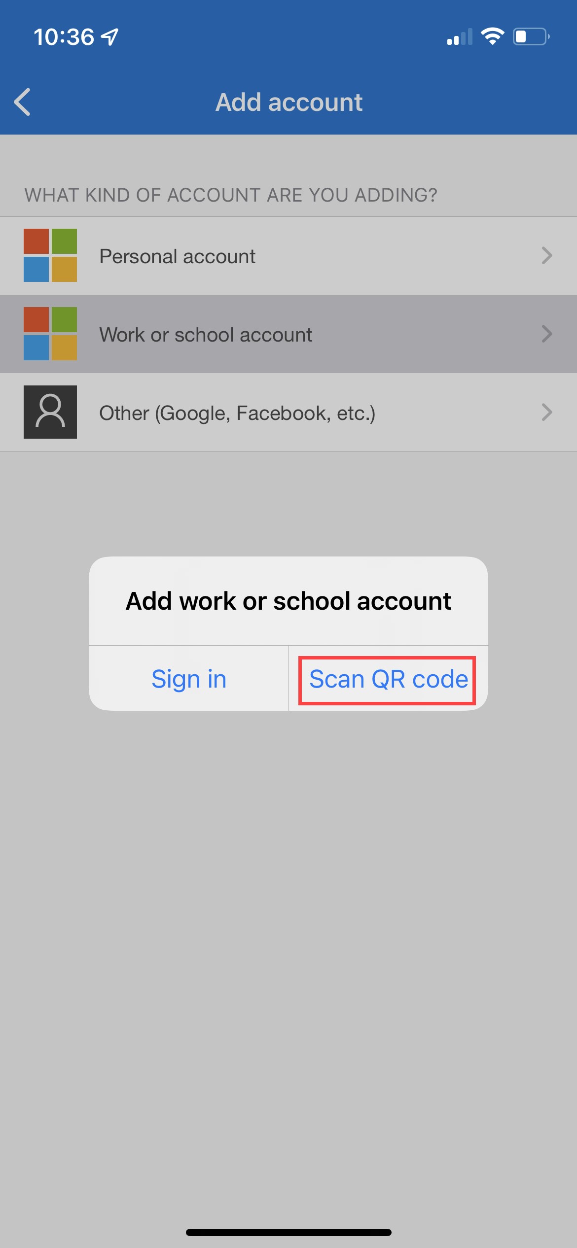 Scan QR Code button in the Authenticator App