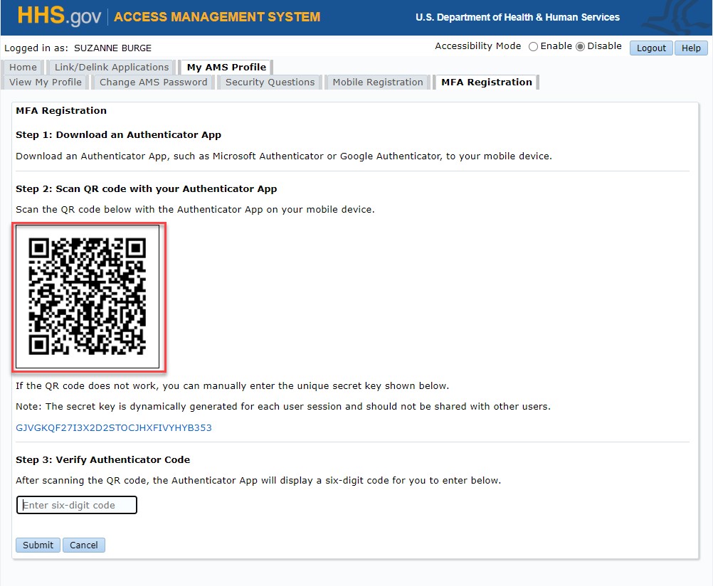 QR Code in MFA Registration page