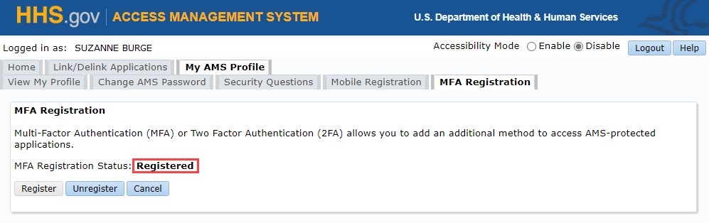 MFA Registration status is showing Registered