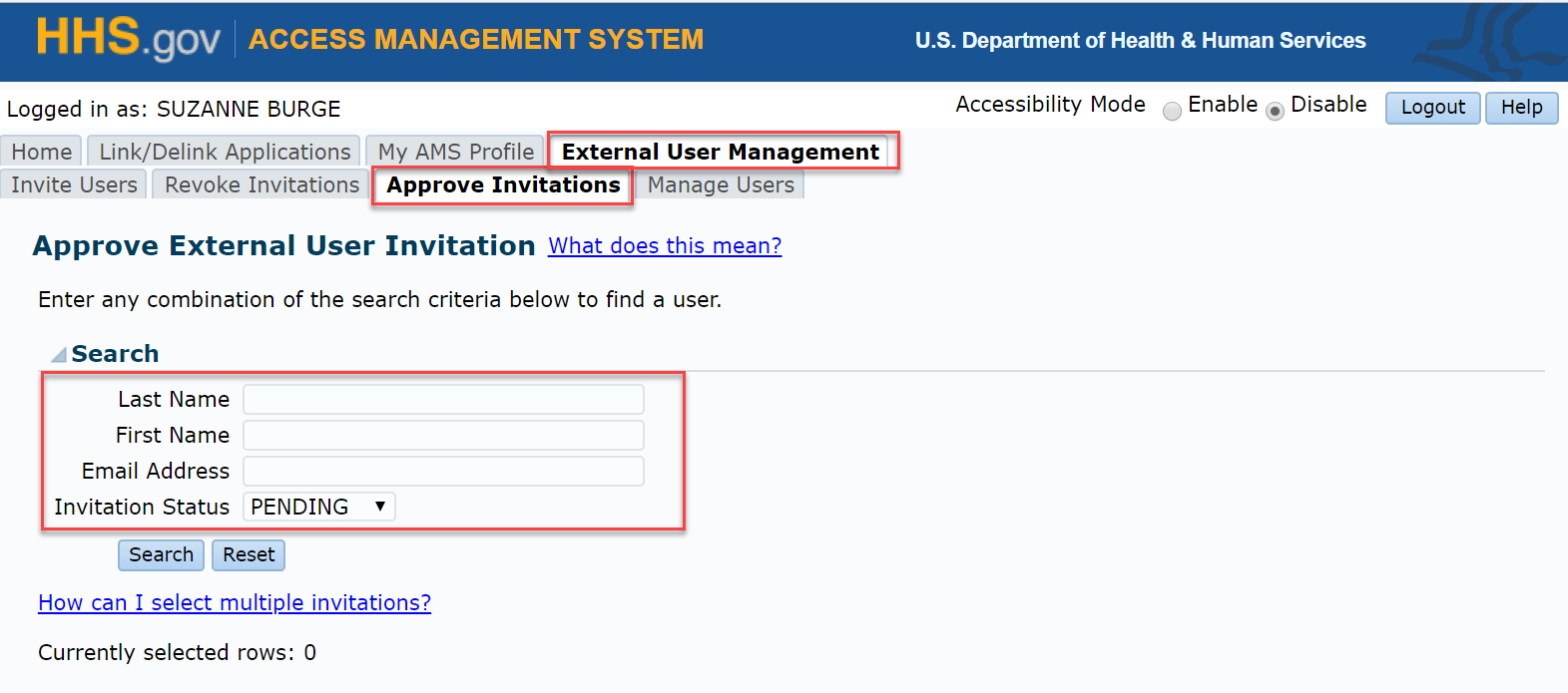Approve External User Invitation screen with "External User Management" tab,
"Approve Invitations" tab, and Search form fields highlighted