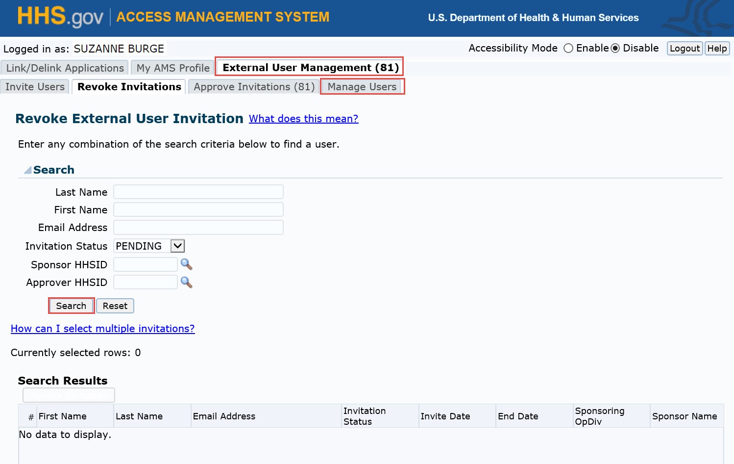 Manage External Users screen
with External User Management tab, Manage Users tab, and Search button highlighted