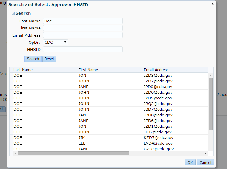 Search and Select: AMS Approver HHSID