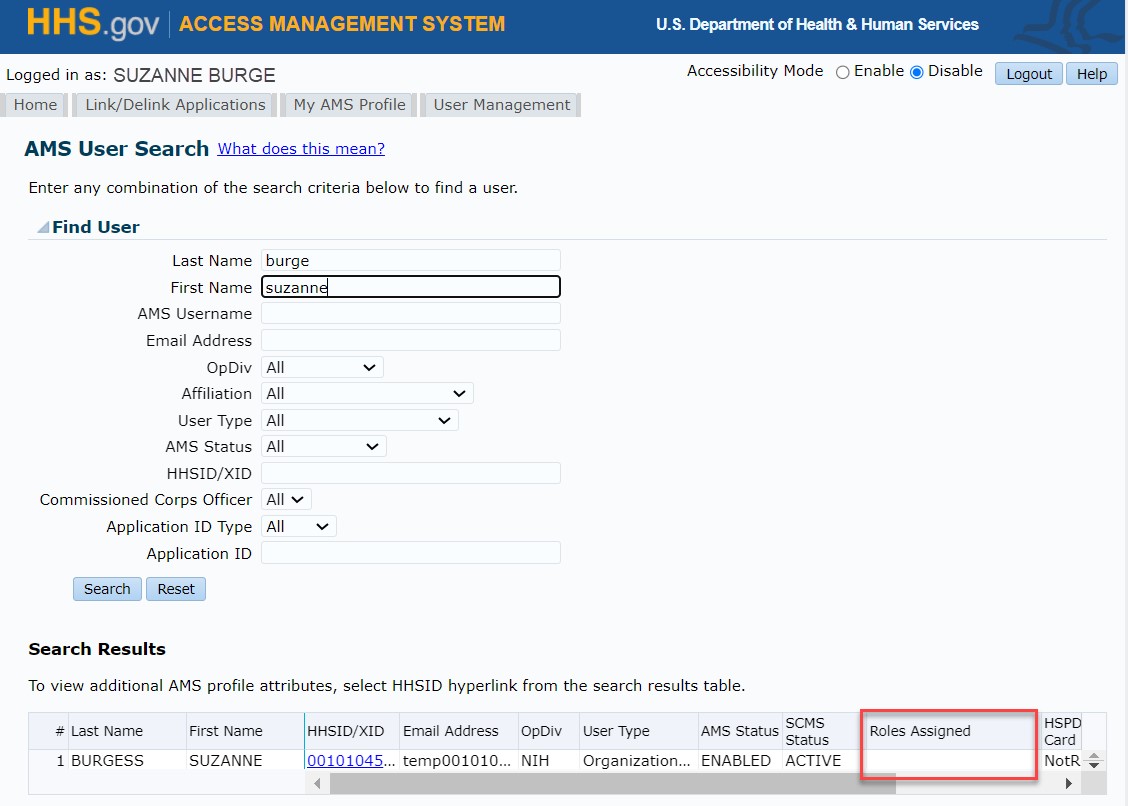 AMS User Search page with Roles Assigned highlighted in the Search Results when user does not see ITAS link