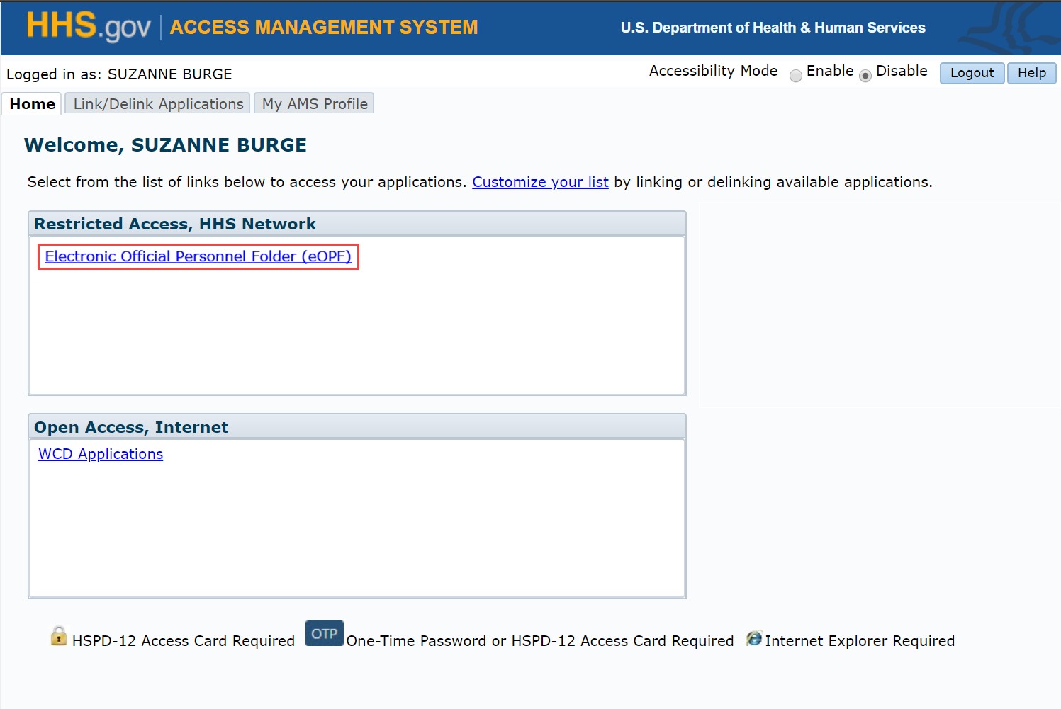 Electronic Official Personnel Folder (eOPF) application link on AMS homepage