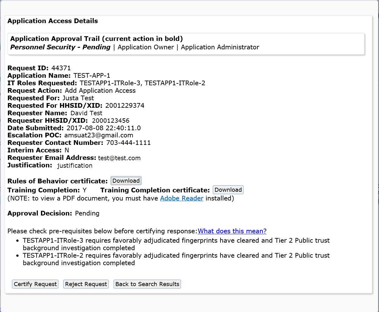 Application access details for the selected Request ID when viewed by a Personnel Security Administrator.