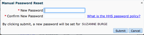 Manual Password Reset: By clicking submit, a new password will be set for Suzanne Burge.