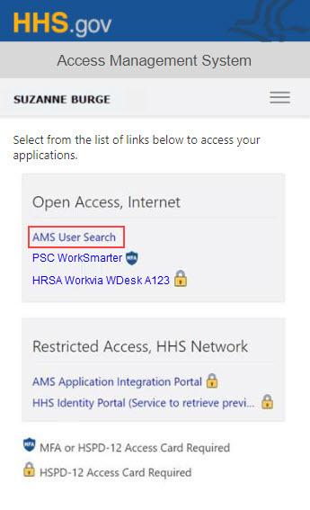 AMS User Search Link